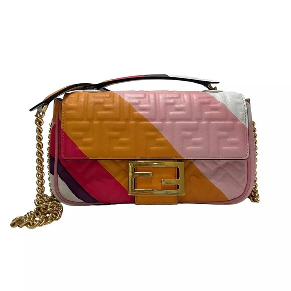 $3100 FENDI 2021 Multi Embossed FF Baguette Chain Crossbody Medium Leather Bag - Picture 1 of 15